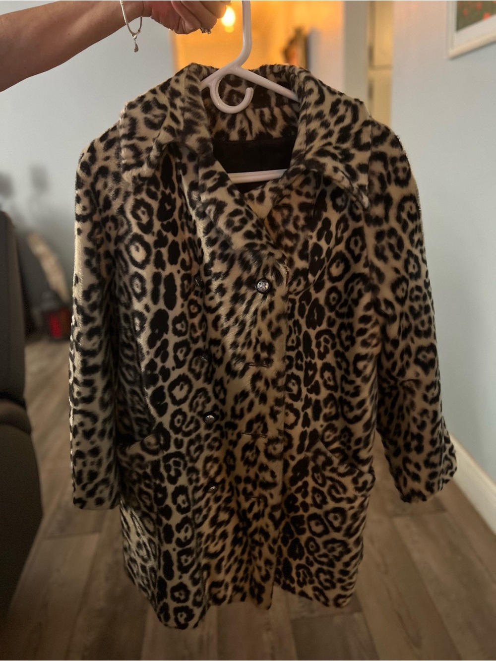 Leopard Print Teddy Coat - Beige/Black Faux Fur